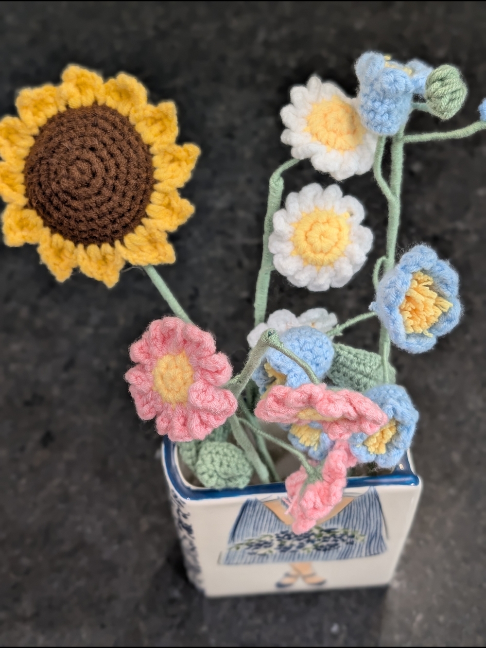 Handmade Crocheted Flower Bouquet With Book Vase - Picture 5 of 6